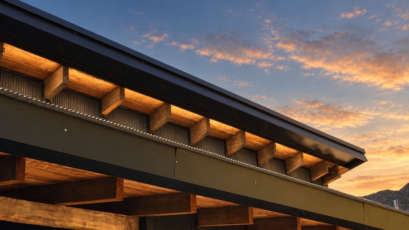 Alero de madera y acero al atardecer