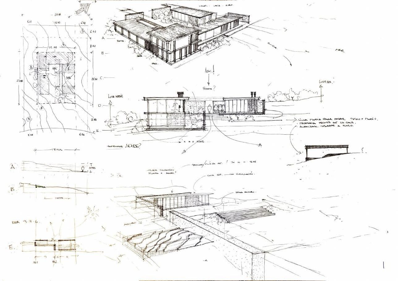 Croquis a mano de una casa en pendiente